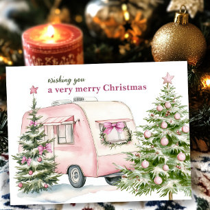 Waterverf Camper Trailer RV Roze Kerstbomen Feestdagenkaart