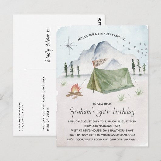 Waterverf Camping Birthday Party Briefkaart (Voorkant / Achterkant)