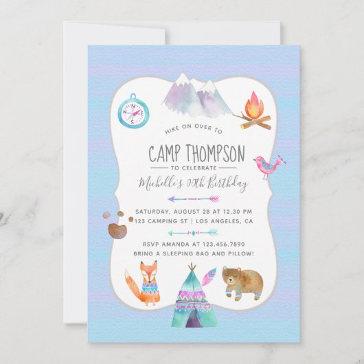 Waterverf Camping Birthday Party Photo Invitation Kaart (Voorkant)