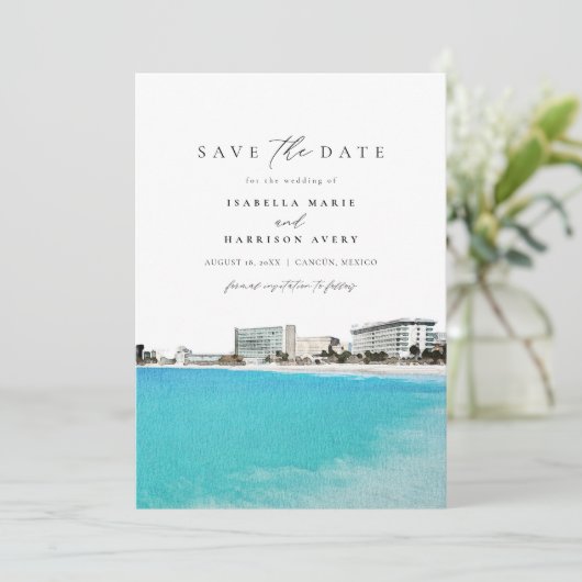 Waterverf Cancun Mexico Skyline De datum opslaan Kaart (Staand voorkant)