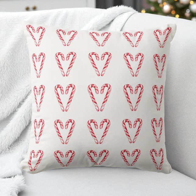 Waterverf Candy Cane Hart Rood en Wit Vakantie Kussen (Watercolor Candy Cane Heart Red and White Holiday Throw Pillow)