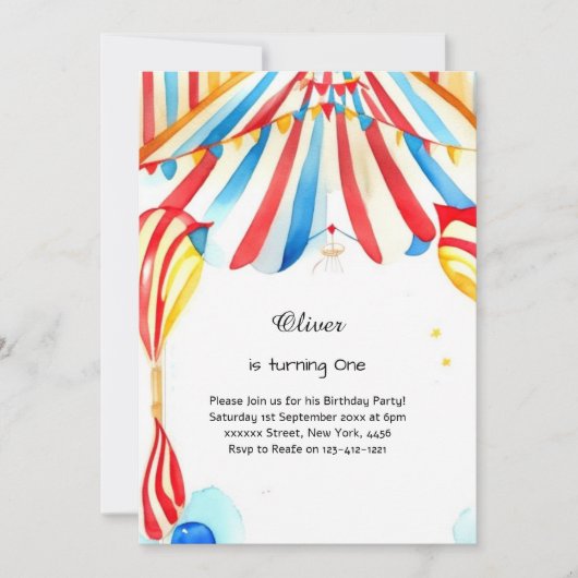 Waterverf Carnaval Circus 1e Verjaardagsuitnodigin Kaart (Voorkant)