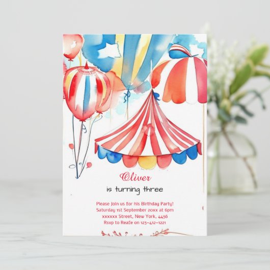 Waterverf Carnaval Circus Verjaardagsuitnodiging Kaart (Staand voorkant)