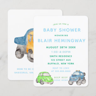 Waterverf Cars Boy Baby shower Kaart