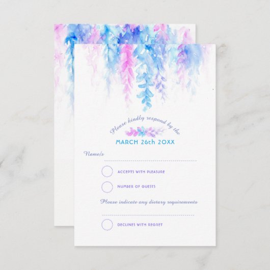 Waterverf cascade blauw paarse bruiloft RSVP antwo (Voorkant / Achterkant)