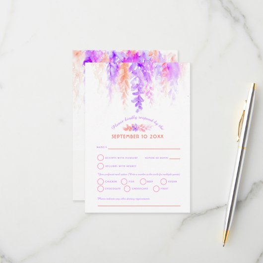 Waterverf cascade bruiloft paars roze oranje RSVP (Voorkant / Achterkant in situ)