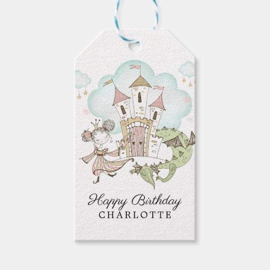 Waterverf Castle Princess Dragon Girl's Birthday Cadeaulabel (Voorkant)