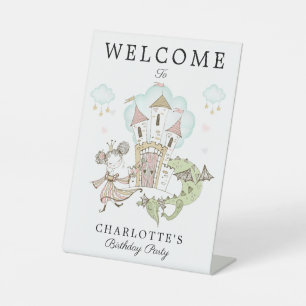 Waterverf Castle Princess Dragon Girl's Birthday Reclamebord Met Voetstuk