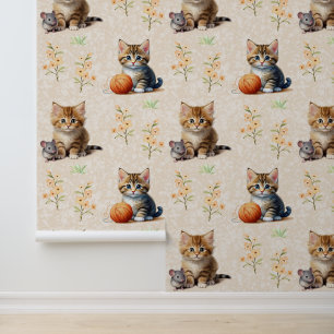 Waterverf Cat Mouse Garen Bloemen op Textured Crea Behang