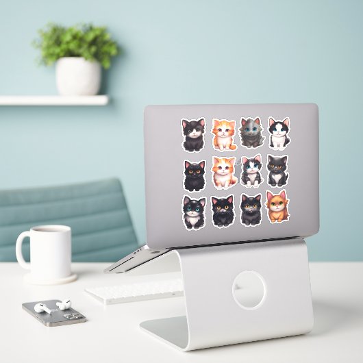 Waterverf Cat Scrapbook Stationery Sticker (Laptop op bureau)