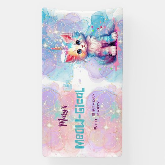 Waterverf Caticorn Meow-Gical Verjaardag Spandoek (Verticaal)