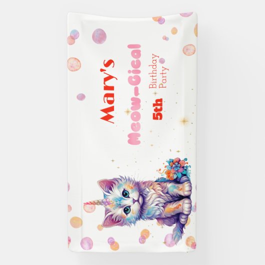 Waterverf Caticorn Meow-Gical Verjaardag Spandoek (Verticaal)