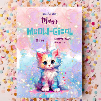 Waterverf Caticorn Meow-Gical Verjaardagsuitnodigi Feestdagenkaart