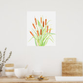 Waterverf Cattail (Typha), spruw, zaadkoppen Poster (Keuken)