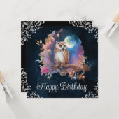  Waterverf Celestial Fantasy Owl Birthday Kaart (Voorkant / Achterkant in situ)