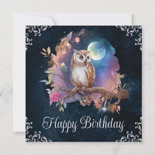  Waterverf Celestial Fantasy Owl Birthday Kaart (Voorkant)