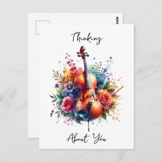 Waterverf Cello en Bloemen Denken Over U Briefkaart (Voorkant / Achterkant)