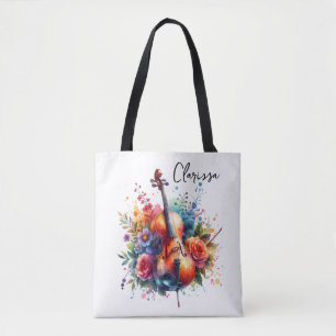 Waterverf cello en bloemen gepersonaliseerd draagtas
