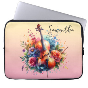 Waterverf cello en bloemen gepersonaliseerd laptop sleeve