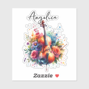 Waterverf cello en bloemen gepersonaliseerd sticker