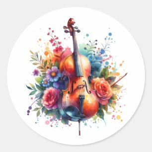 Waterverf Cello en Bloemen Ronde Sticker