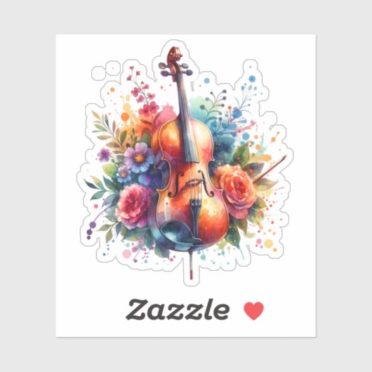 Waterverf Cello en Bloemen Sticker (Vel)