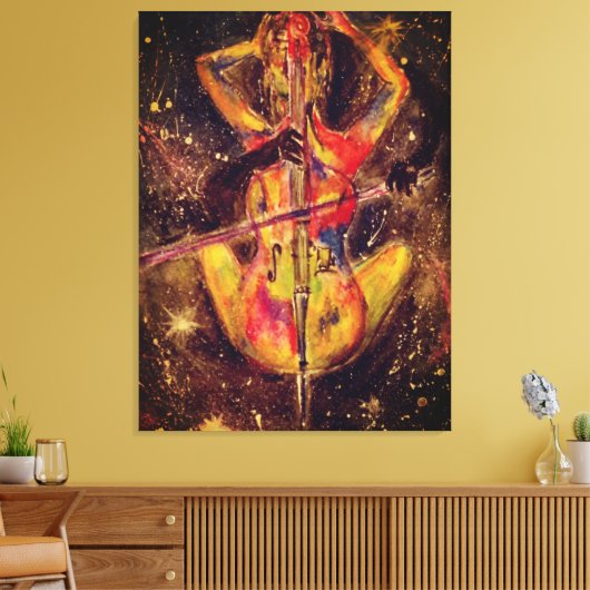 Waterverf - Cello Space Sonata - Dame met Cello Canvas Afdruk (Insitu (Woonkamer))