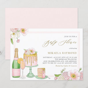 Waterverf Champagne en Cake Floral Baby shower Kaart