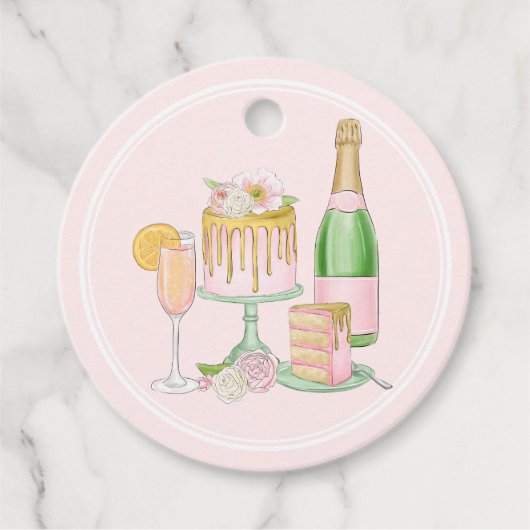 Waterverf Champagne en Drip Cake Bridal Brunch Bedankjes Labels (Voorkant)