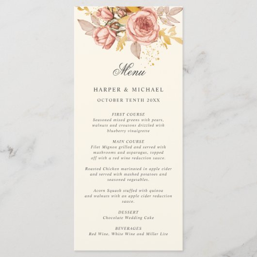 Waterverf champagne rozen monogram trouwmenu menu (Voorkant)