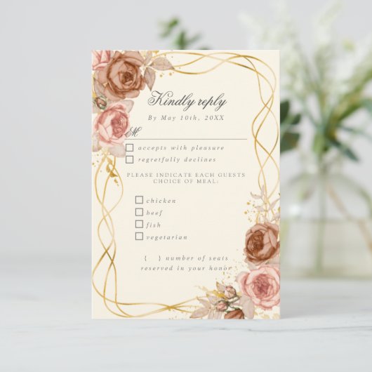 waterverf champagne-rozen RSVP met maaltijdkeuzes (Staand voorkant)