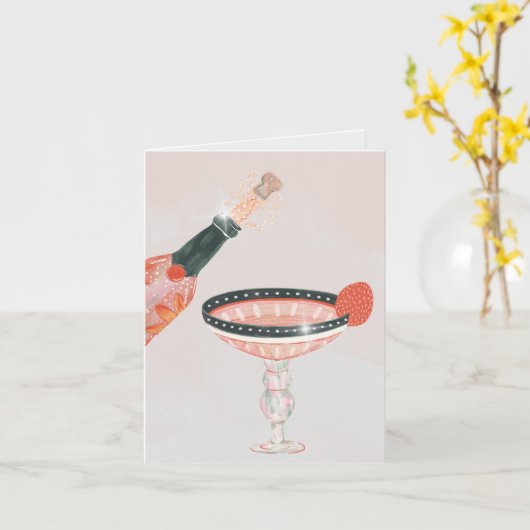 Waterverf champagneglas kaart (Gele Bloem)