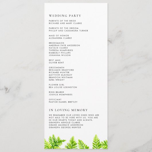 Waterverf Chartreuse Green Fern verlaat bruiloft Programma (Achterkant)