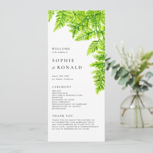 Waterverf Chartreuse Green Fern verlaat bruiloft Programma (Staand voorkant)