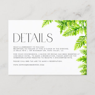 Waterverf Chartreuse Green Ferns Wedding Details Informatiekaartje