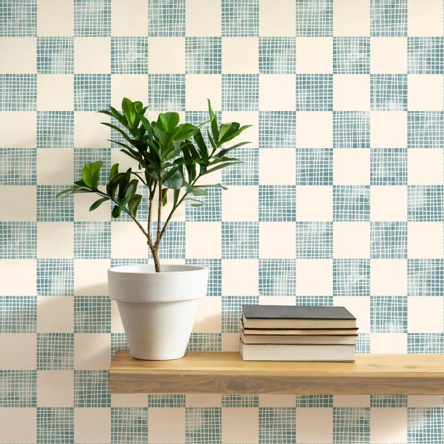 Waterverf Checkers Zee Foam Cream Geometrisch Behang (Geometric checker square patterned watercolor sea foam blue green and cream wallpaper)