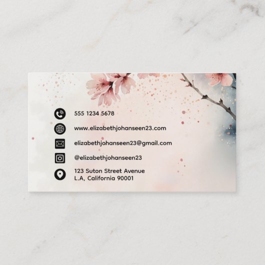 Waterverf Cherry Blossom Floral Girly Script Naam Visitekaartje (Achterkant)