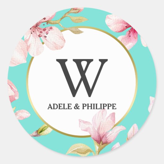 Waterverf Cherry Blossom Monogram Ronde Sticker (Voorkant)