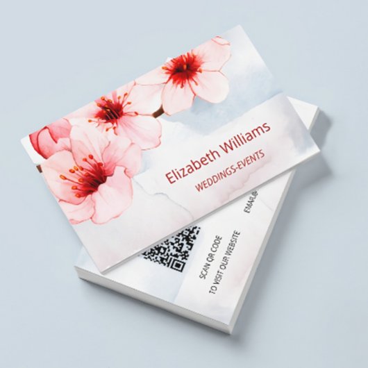 Waterverf Cherry Blossom Pink Blush | Qr-code Visitekaartje