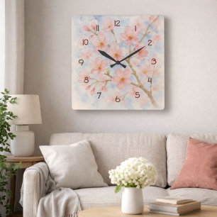 Waterverf Cherry Blossom Soft Floral Art Vierkante Klok
