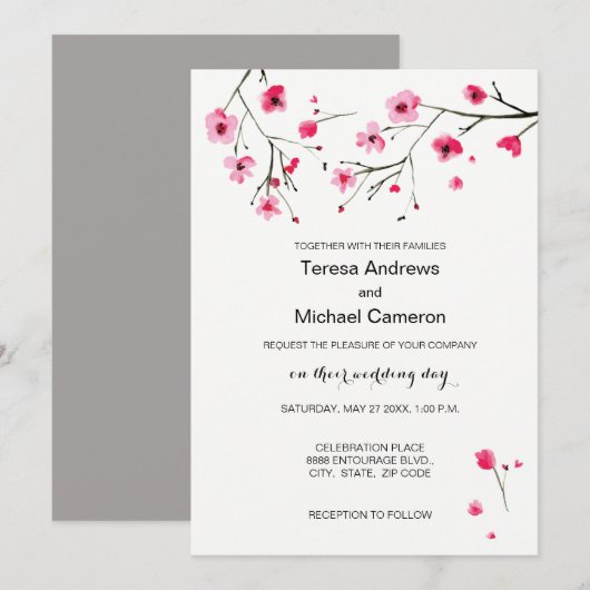Waterverf Cherry Blossom Wedding Invitations Kaart (Voorkant / Achterkant)