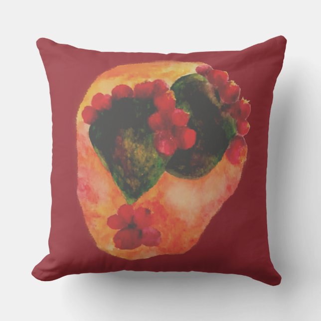 Waterverf Cherry en Green pars Cactus Kussen (Voorkant)