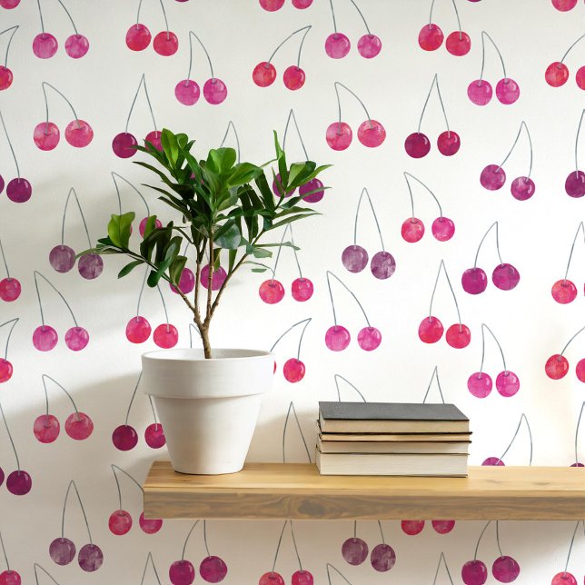 Waterverf Cherry Pattern Behang (Sweet watercolor cherry pattern art wallpaper)