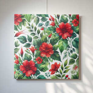 Waterverf Cherry Red Green Floral Tegeltje