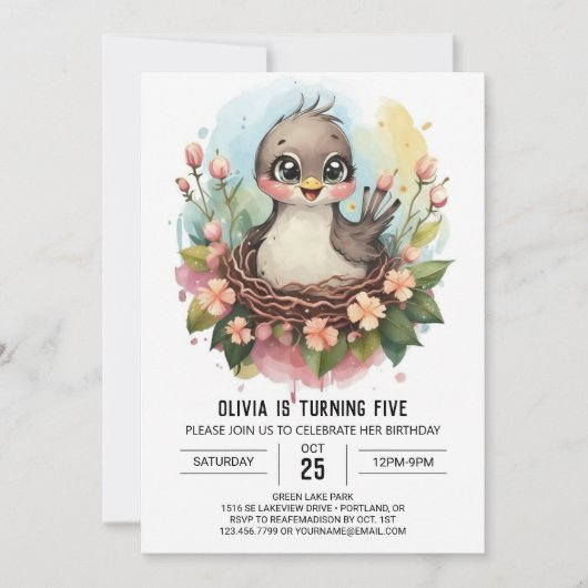 Waterverf Chic Bird Birthday Kaart (Voorkant)