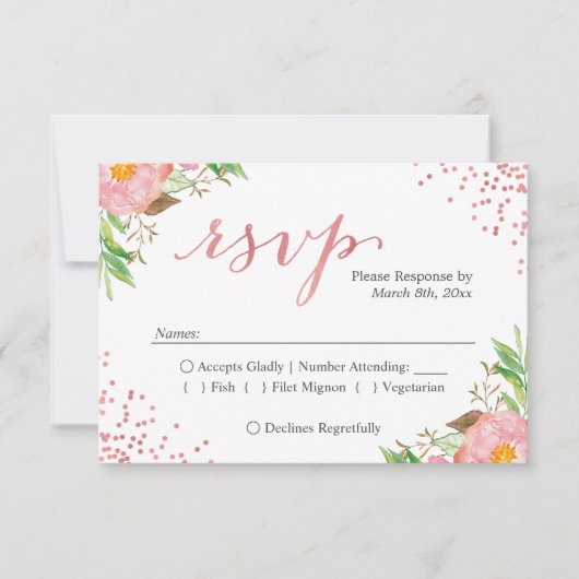 Waterverf Chic Pink Floral Wedding RSVP Reactie (Voorkant)