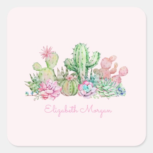 Waterverf Chic Succulents Vierkante Sticker (Voorkant)