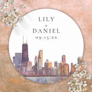 Waterverf Chicago Skyline Bestemming Huwelijk Ronde Sticker
