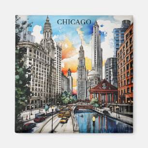 Waterverf Chicago Skyline – Windy City Reis Magneet
