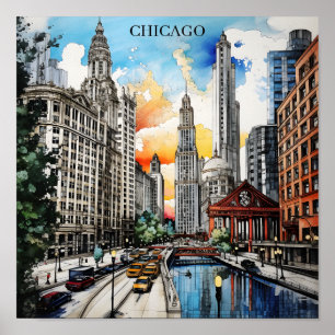 Waterverf Chicago Skyline – Windy City Reis Poster